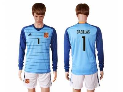 Spain #1 Casillas Blue Goalkeeper Long Sleeves Soccer Country Jersey