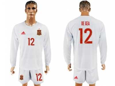 Spain #12 De Gea White Away Long Sleeves Soccer Country Jersey