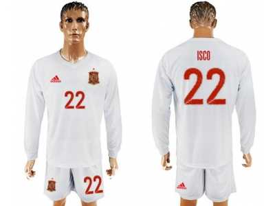 Spain #22 Isco White Away Long Sleeves Soccer Country Jersey