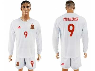 Spain #9 Paco Alcacer White Away Long Sleeves Soccer Country Jersey