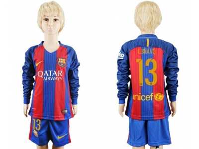 Barcelona #13 C.Bravo Home Long Sleeves Kid Soccer Club Jersey