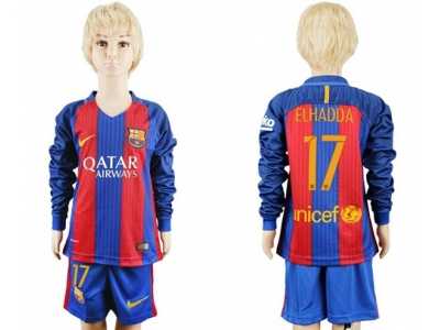 Barcelona #17 Elhadda Home Long Sleeves Kid Soccer Club Jersey