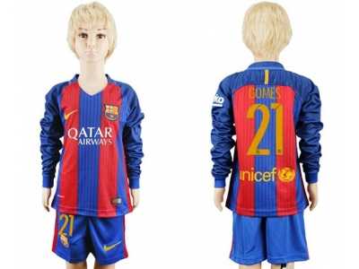 Barcelona #21 Gomes Home Long Sleeves Kid Soccer Club Jersey