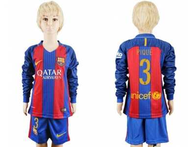 Barcelona #3 Pique Home Long Sleeves Kid Soccer Club Jersey