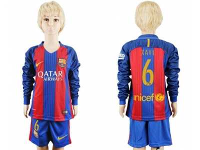 Barcelona #6 Xavi Home Long Sleeves Kid Soccer Club Jersey