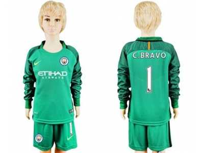 Manchester United #1 C.Bravo Green Goalkeeper Long Sleeves Kid Soccer Club Jersey