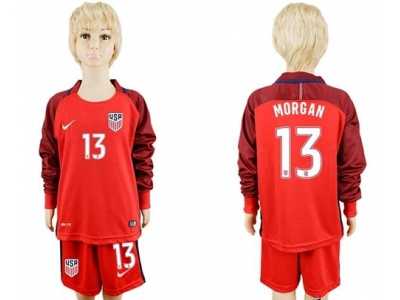 USA #13 Morgan Away Long Sleeves Kid Soccer Country Jersey