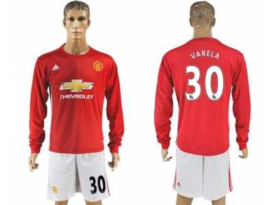 Manchester United #30 Varela Red Home Long Sleeves Soccer Club Jersey