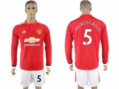 Manchester United #5 Marcos Rojo Red Home Long Sleeves Soccer Club Jersey