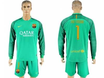 Barcelona #1 Ter Stegen Green Goalkeeper Long Sleeves Soccer Club Jersey