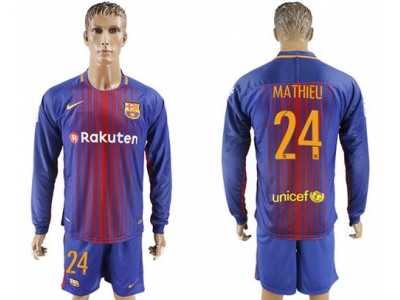 Barcelona #24 Mathieu Home Long Sleeves Soccer Club Jersey