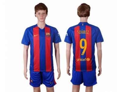 Barcelona #9 Suarez Home With Blue Shorts Soccer Club Jersey