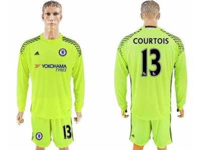Chelsea #13 Courtois Shiny Green Goalkeeper Long Sleeves Soccer Club Jersey