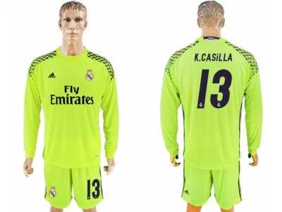 Real Madrid #13 K.Casilla Shiny Green Goalkeeper Long Sleeves Soccer Club Jersey