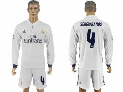 Real Madrid #4 Sergio Ramos White Home Long Sleeves Soccer Club Jersey