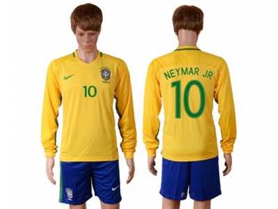 Brazil #10 Neymar Jr Home Long Sleeves Soccer Country Jersey
