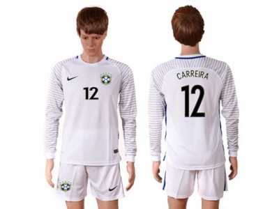 Brazil #12 Carreira White Goalkeeper Long Sleeves Soccer Country Jersey