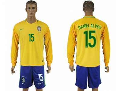 Brazil #15 Daniel Alves Home Long Sleeves Soccer Country Jersey