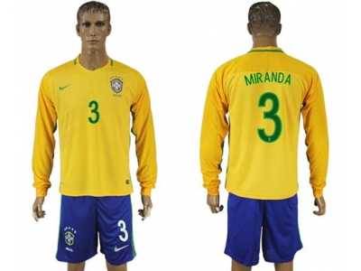 Brazil #3 Miranda Home Long Sleeves Soccer Country Jersey