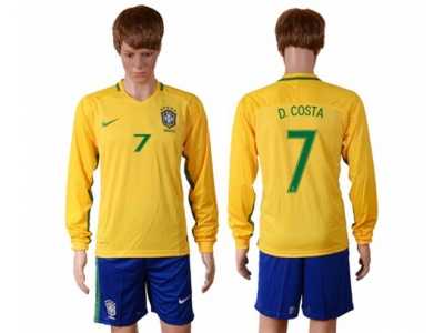 Brazil #7 D.Costa Home Long Sleeves Soccer Country Jersey