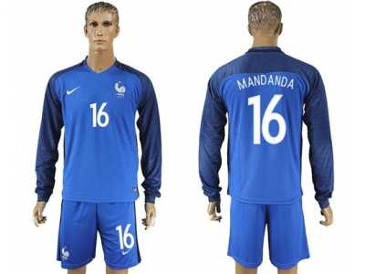France #16 Mandanda Home Long Sleeves Soccer Country Jersey
