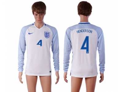 England #4 Henderson Home Long Sleeves Soccer Country Jersey