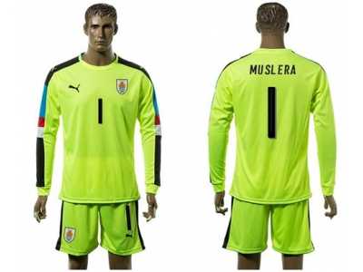 Uruguay #1 Muslera Shiny Green Long Sleeves Soccer Country Jersey