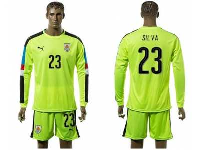 Uruguay #23 Silva Shiny Green Long Sleeves Soccer Country Jersey
