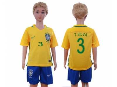 Brazil #3 T.Silva Home Kid Soccer Country Jersey