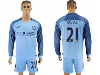Manchester City #21 Silva Home Long Sleeves Soccer Club Jersey