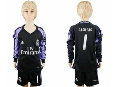 Real Madrid #1 Casillas Sec Away Long Sleeves Kid Soccer Club Jersey