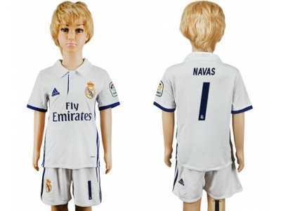 Real Madrid #1 Navas White Home Kid Soccer Club Jersey