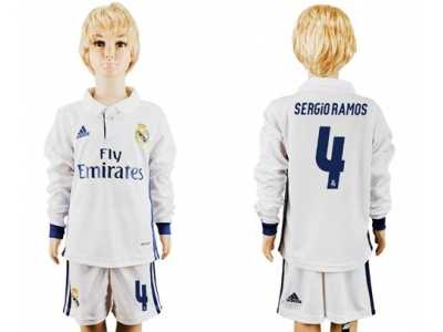 Real Madrid #4 Sergio Ramos Home Long Sleeves Kid Soccer Club Jersey