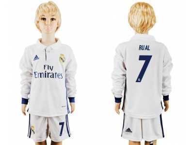 Real Madrid #7 Rual Home Long Sleeves Kid Soccer Club Jersey