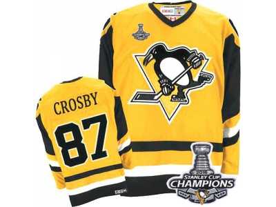 Men's CCM Pittsburgh Penguins #87 Sidney Crosby Premier Yellow Throwback 2016 Stanley Cup Champions NHL Jersey
