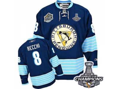 Men's Reebok Pittsburgh Penguins #8 Mark Recchi Premier Navy Blue Third Vintage 2016 Stanley Cup Champions NHL Jersey