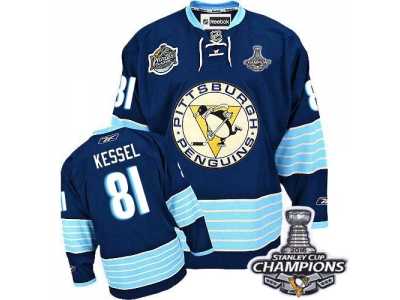 Men's Reebok Pittsburgh Penguins #81 Phil Kessel Premier Navy Blue Third Vintage 2016 Stanley Cup Champions NHL Jersey
