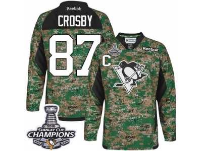 Men's Reebok Pittsburgh Penguins #87 Sidney Crosby Premier Camo Veterans Day Practice 2016 Stanley Cup Champions NHL Jersey