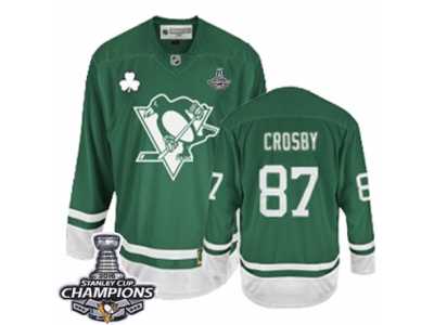 Men's Reebok Pittsburgh Penguins #87 Sidney Crosby Premier Green St Patty's Day 2016 Stanley Cup Champions NHL Jersey