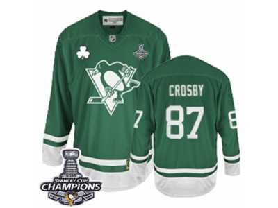 Youth Reebok Pittsburgh Penguins #87 Sidney Crosby Premier Green St Patty's Day 2016 Stanley Cup Champions NHL Jersey