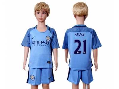 Manchester City #21 Silva Home Kid Soccer Club Jersey