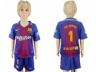 Barcelona #1 Ter Stegen Home Kid Soccer Club Jerse
