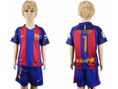 Barcelona #1 Ter Stegen Home Kid Soccer Club Jersey