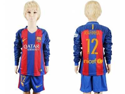 Barcelona #12 Rafinha Home Long Sleeves Kid Soccer Club Jersey