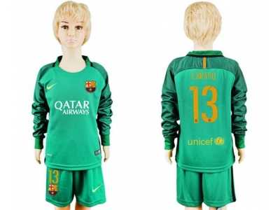 Barcelona #13 C.Bravo Green Goalkeeper Long Sleeves Kid Soccer Club Jersey