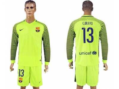Barcelona #13 C.Bravo Green Goalkeeper Long Sleeves Soccer Club Jerseys