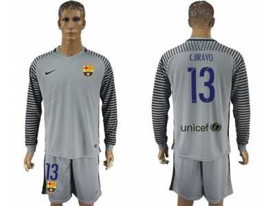 Barcelona #13 C.Bravo Grey Goalkeeper Long Sleeves Soccer Club Jersey