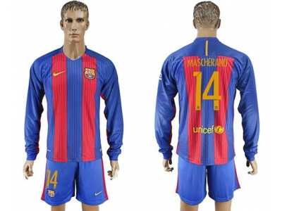 Barcelona #14 Mascherano Home Long Sleeves Soccer Club Jerseys