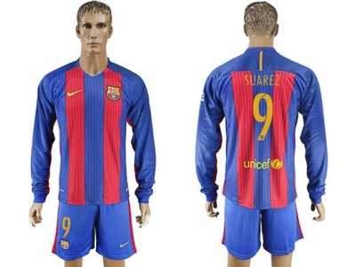 Barcelona #9 Suarez Home Long Sleeves Soccer Club Jerseys