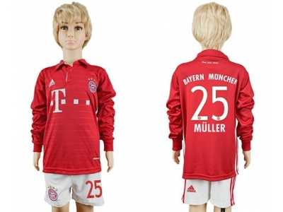 Bayern Munchen #25 Muller Home Long Sleeves Kid Soccer Club Jersey